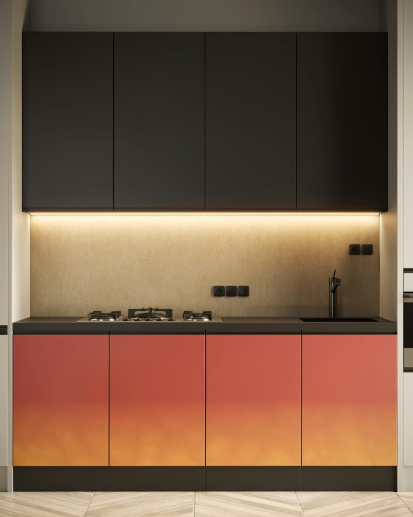 Elegant kitchen interior featuring a minimalist design with sleek cabinets and under-cabinet lighting.